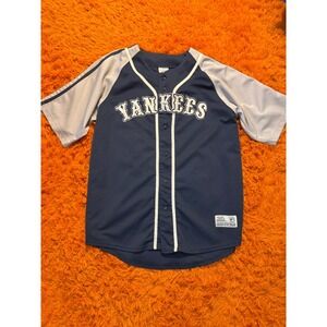 True Fan MLB New York Yankees Baseball Jersey Mens Large Navy Blue Grey ButtonUp